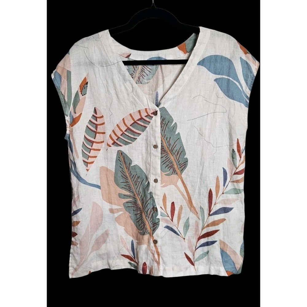 Cynthia Rowley Womens S Botanical Leaf Linen Short Sleeve Boho Lagenlook Button